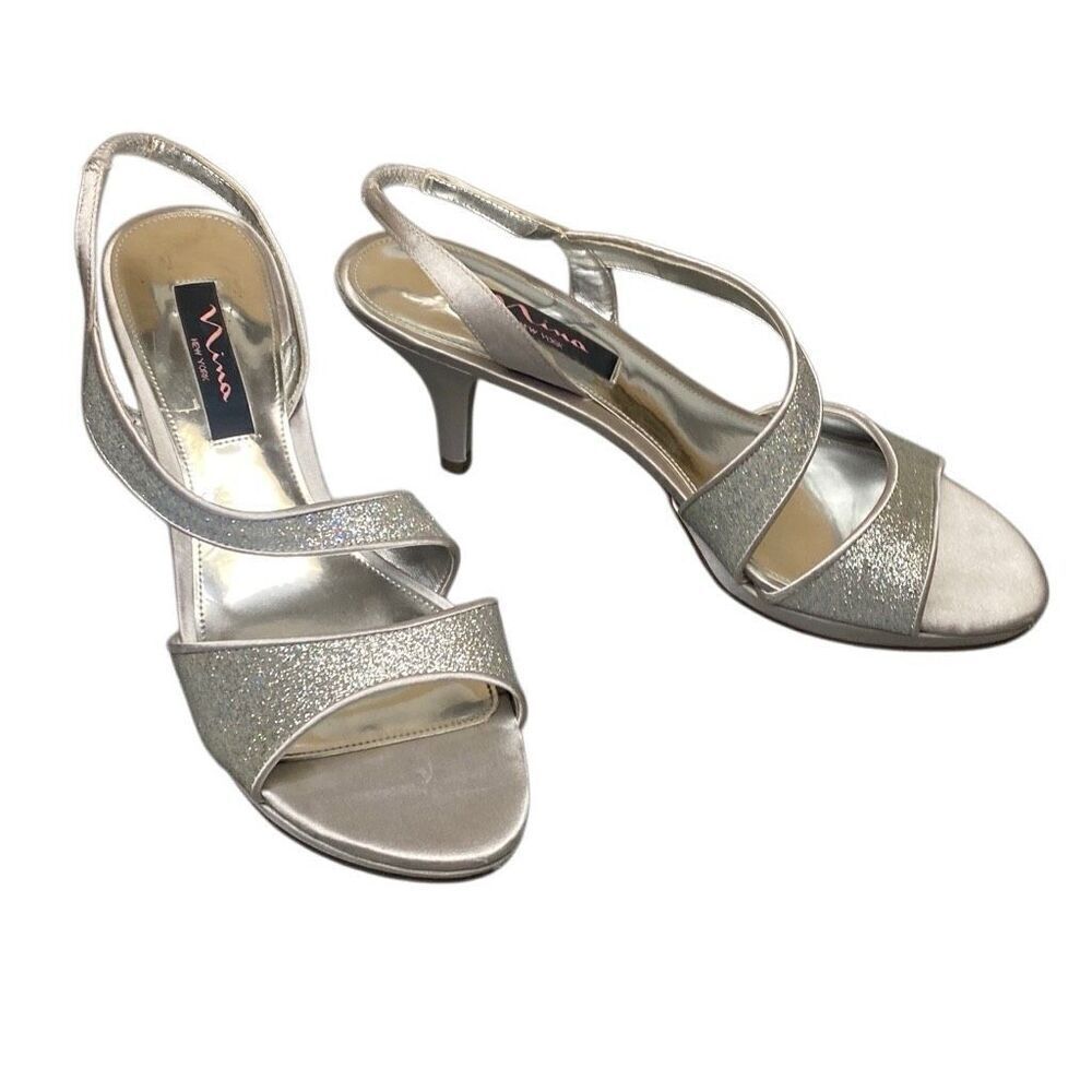 Nina New York Strappy Silver Satin & Sparkle Heel Event Pumps Platform 9M